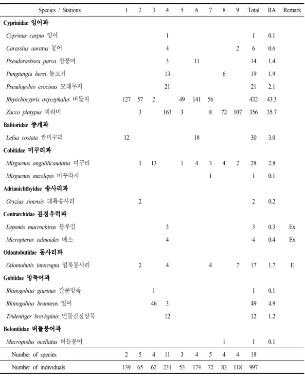 Table  2.  A  list  and  individual  number  of  fish  collected  at  the  each  surveyed  stations 