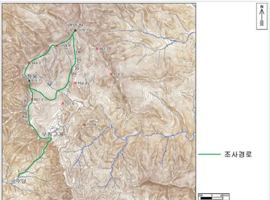 Fig. 1. Study area. 의정부 등 인근도시로 흩어지고,  화전을 했던 자리에는 모두 잣나무와 낙엽송이 심어졌다.  지금도용추구곡이나 연인능선,  우정능선 등 등산로를 따라가다 보면 옛 집터의 흔적을 곳곳에서 발견할 수있다