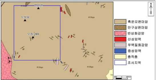 Fig. 2. Geology of study area. 탕으로 총 2회에 걸쳐 진행하였으며, 탐방로 및 사면의 상태와 침식정도, 탐방로의 정비현황 등을 집 중적으로 관찰하였다