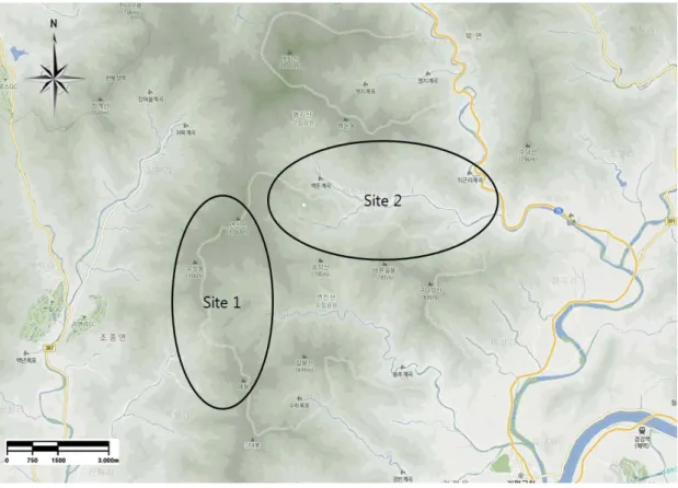 Fig. 1. Survey of avifauna in Mt. Yeonin Provincial Park. 주)  St.  1  :  조종면 마일리 쪽의 국수당 마을에서 출발하여 정상 코스       St