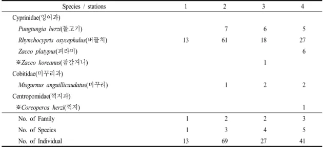 Table 2. A list and individual number of fish collected at the each surveyed stations