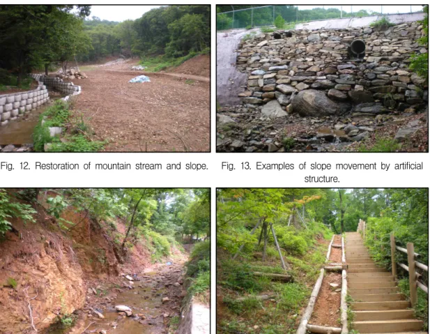 Fig. 12. Restoration of mountain stream and slope. Fig. 13. Examples of slope movement by artificial structure.