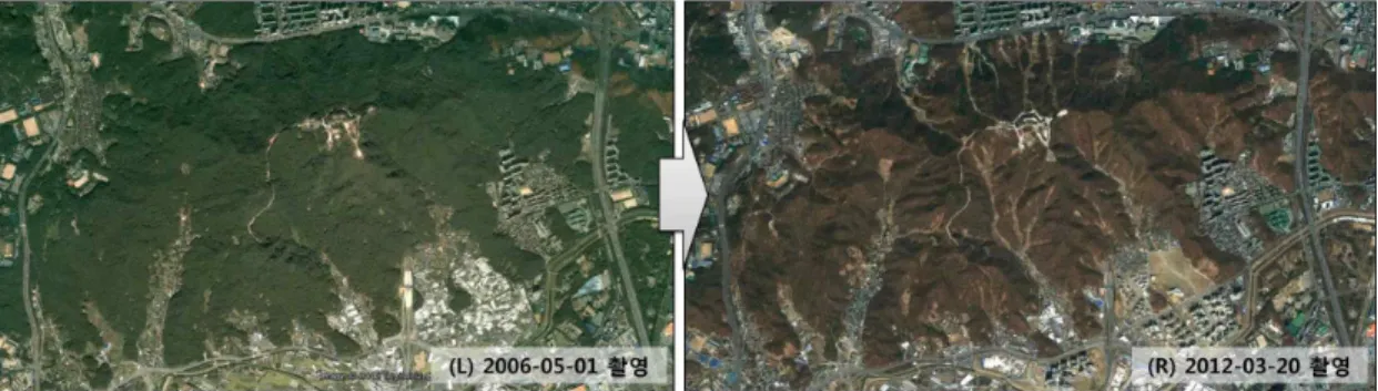 Fig. 6. Clear contrast landslide before(left image: 1 May 2006) and after(right image: 20 March 2012) can be a satellite view.(Source: Google earth)