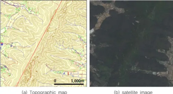 Fig. 6. Topographic and satellite image for algorithm application.