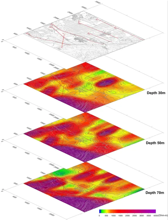 Fig. 9. Depth-slice of resistivity distribution by 3D inversion in domain 4 at 30 m depth, 50 m depth, and 70 m depth.