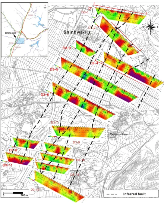 Fig. 6. Resistivity survey lines and resistivity distribution in domain 3.
