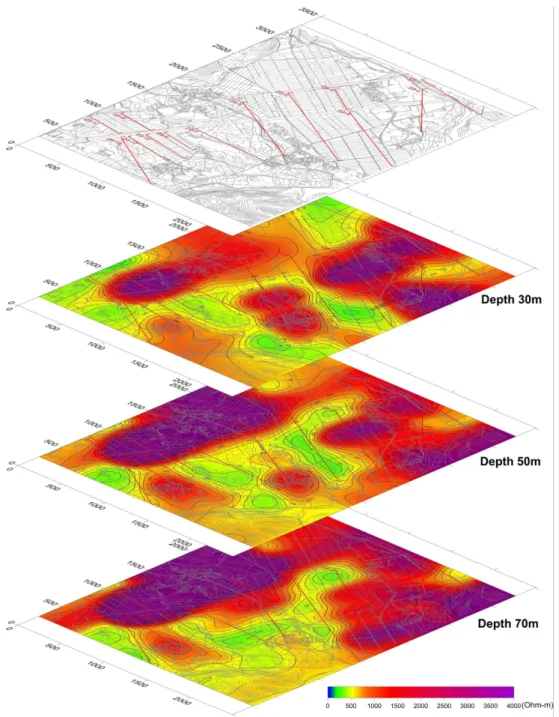 Fig. 7. Depth-slice of resistivity distribution by 3D inversion in domain 3 at 30, 50, and 70 m depths.