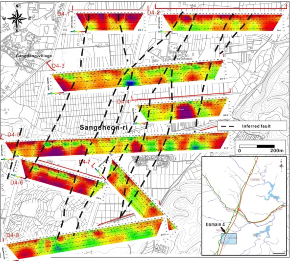 Fig. 8. Resistivity survey lines and resistivity distribution in the domain 4.