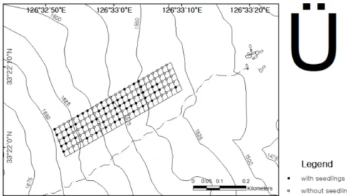 Fig. 3. The Map of sampling plots with and without seedlings of Korean fir in the study area.
