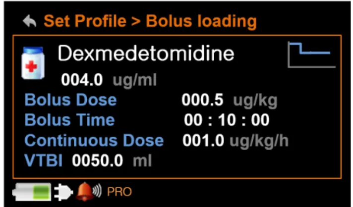 Fig. 2. This is the LCD screen of the syringe pump control panel. The  bolus dose (5 μg/kg), which is the loading dose, is infused for 10 minutes, and the infusion rate is decreased to 1.0 μg/kg/min