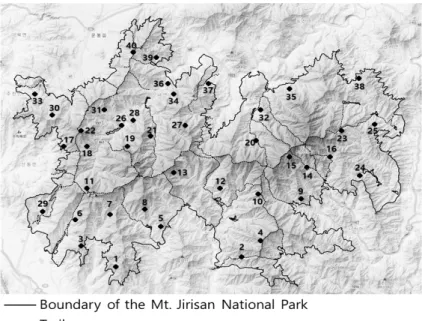 Fig. 1. Map of Mt. Jirisan National Park and the survey quadrats.