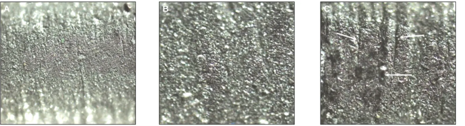 Fig. 5. A: Microscopic observation at 10.0 mm distance area from soldering point ( ×100), B: Microscopic observation at 5.0 mm distance area from soldering point (×100), C: Microscopic observation at soldering point (×100, White arrows denote crcak lines o