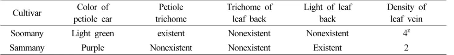 Table 1. Comparison of leaf characteristics between ‘Soomany’ and ‘Sammany’ cultivars Cultivar Color  of 