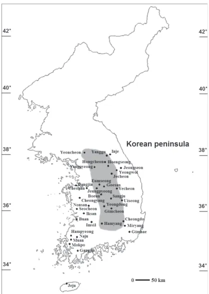 Fig.  2.  Map  of  Korea  showing  the  locations  of  the  sites  that  produced  the  sesame  seeds  used  in  the  present  study.