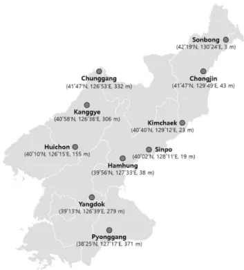 Fig.  1.  Ten  regions  that  have  relatively  low  temperature  in  North  Korea,  the  mean  temperatures  and  day-lengths  of  which  were  simulated  in  this  study