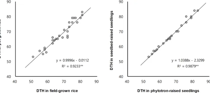 Fig.  3.  Relationship  of  days  to  heading  (DTH)  between  the  field-grown  and  pot-grown  rice,  and  that  between  the  phytotron-raised  and  seedbed-raised  rice  seedlings