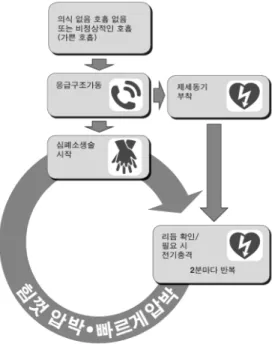 Fig.  2.  단순화된 성인  기본소생술  알고리듬 이루어졌다.        -  단순화된  공통의  성인  대상  기본소생술  알고리 듬의 개발(Fig