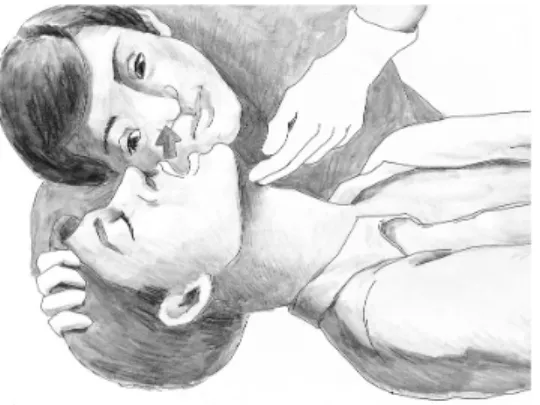 Fig.  3.  호흡의  확인. • 둘째,  치과에서  발생할  수  있는  위중한  합병증의  대부분은  호흡곤란에서  비롯된다.  대표적인  호흡 곤란의  원인으로는  천식,  과환기증,  이물질의  흡 인,  허파부종  및  심부전에  의한  이차적인  호흡곤 란  등이  있다
