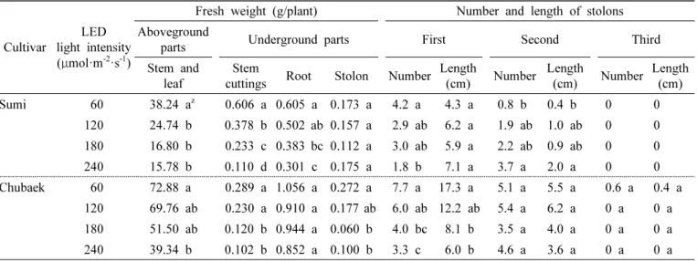 Table  3.  Effect  of  LED  light  intensity  on  the  fresh  weight  and  stolon  development  of  2  potato  cultivars  grown  for  80  days  after  planting  of  stem  cuttings  in  an  aeroponic  system.