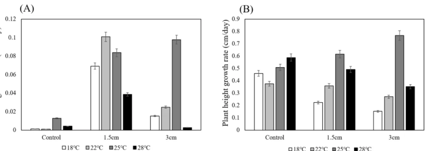Fig.  2.  Growth  rate  of  (A)  roots  and  (B)  plant  height  per  day  after  root  cutting  treatment  under  different  temperature  conditions  in  14-day-old  seedlings