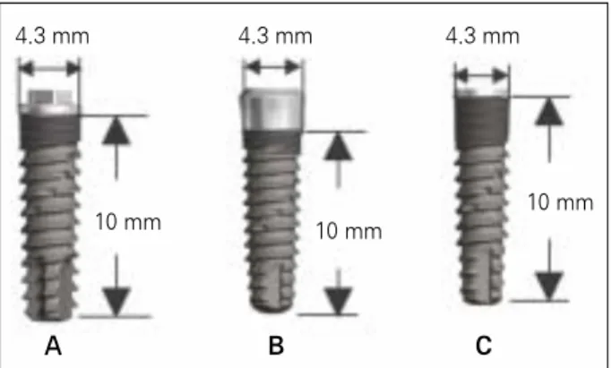 Fig. 1. Design configuration of 3 implants; A: external type, B: internal type, C: submerged type