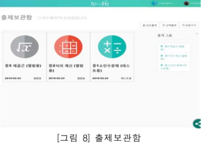 [그림  8]  출제보관함 학습자는  어플리케이션을  통하여  언제  어디서 나  즉시  접속하여  교수자가  제출한  문제를  풀  수  있으며,  동일  개념의  다양한  문제를  검색하여  풀 어볼  수  있다