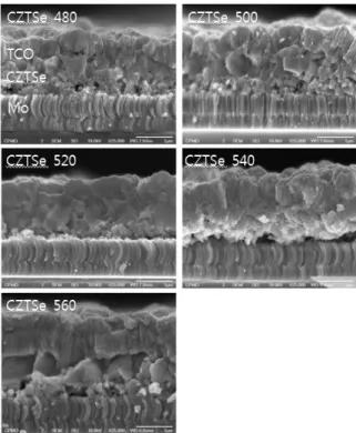 Fig. 1. 480~560°C에서 셀렌화 공정을 진행한 CZTSe Cell의 단 면 FE-SEM 이미지다.8) 그러나 공정 과정 중에 독성이 강한 H2Se 가스를 사용하여 열처리를 진행하는 것은 상용화에는 적합하지 못하다