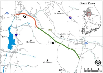 Fig. 1. Map showing the study sites of road construction in Korea (SG, Singal Detour Road; DC, Samga-Daechon  Detour Road).