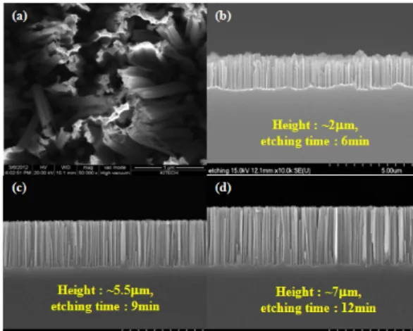 Figure 2 (a), (b), (c) and (d) show the top and cross-sectional  views of SiNWs with variation of etching time