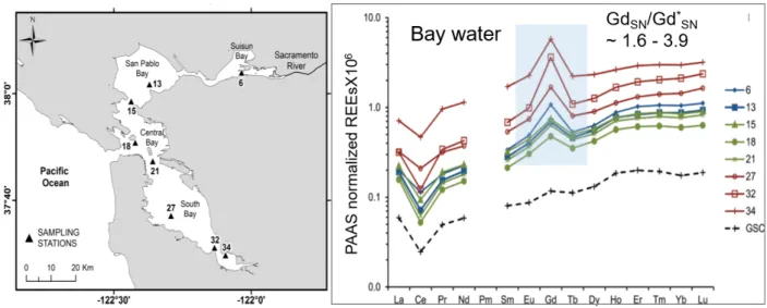 Fig.  5.  Total  dissolved  Gd  and  Gd anth   concentration  (<  0.45  μm),  and  annual  trend  of  proportion  of  Gd anth   (%)  at  the  Lower  South  Bay,  San  Francisco  Bay  for  the  period  from  1993  to  2013