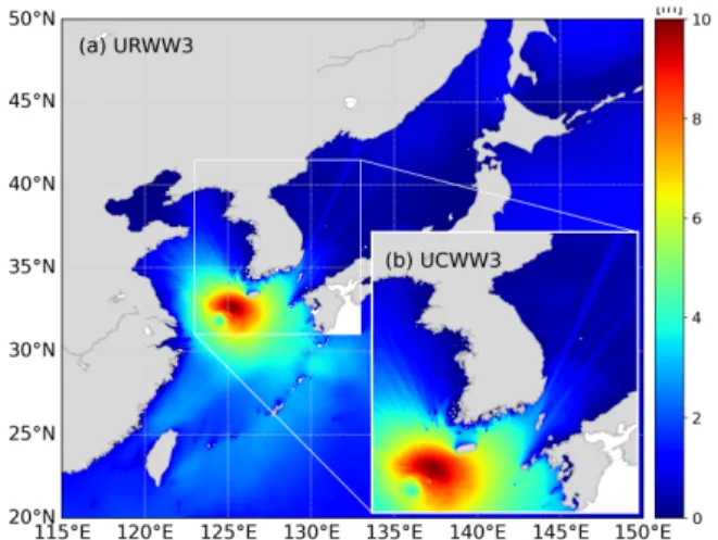 Fig.  9.  Comparisons  between  model  and  observation  for  wind  speed  (left  panel)  and  significant  wave  height  (right  panel)  during  the  passage  of  Typhoons  Hagupit  and  Jangmi  on  August  2020