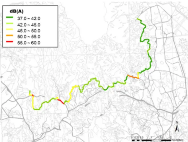 Fig. 2 Spatial distribution of dB(A) on trails