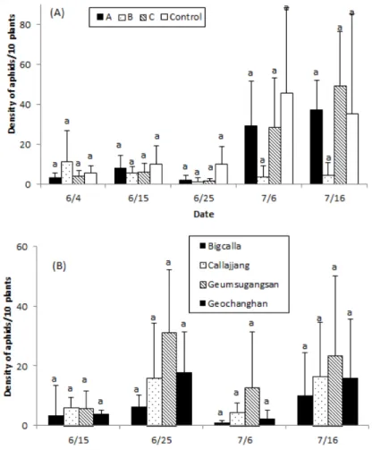 Fig. 3. Density of aphids per 10 pepper plants depending on control calendar (A) and pepper cultivar (B) in red pepper field in Cheongsong.
