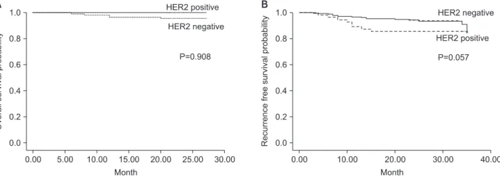Fig. 2. Kaplan-Meier survival analysis. (A) Overall survival curves of 139 gastric cancer patients according to human epidermal growth factor re- re-ceptor 2 (HER2) detection (P=0.908)
