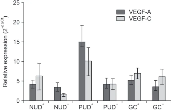 Table 4. Relative gene expression levels of  VEGF-A and VEGF-C in  Helicobacter pylori +  patients compared to H