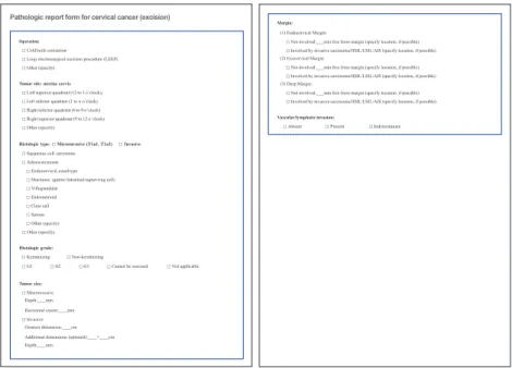 Fig. 2. Pathologic report form for cervical cancer managed by local excision. AIS, adenocarcinoma in situ; HSIL,  high grade squamous intraepithelial lesion; LSIL, low grade squamous intraepithelial lesion.