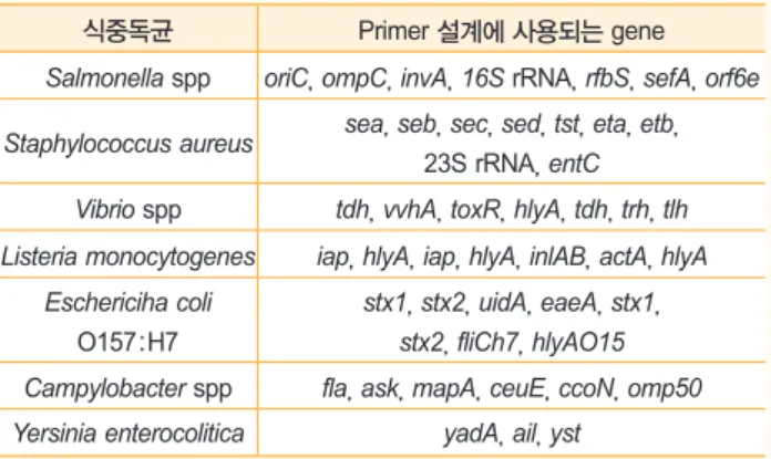 표 2. PCR을 이용한 식중독균 검출에 이용되는 primers 서열