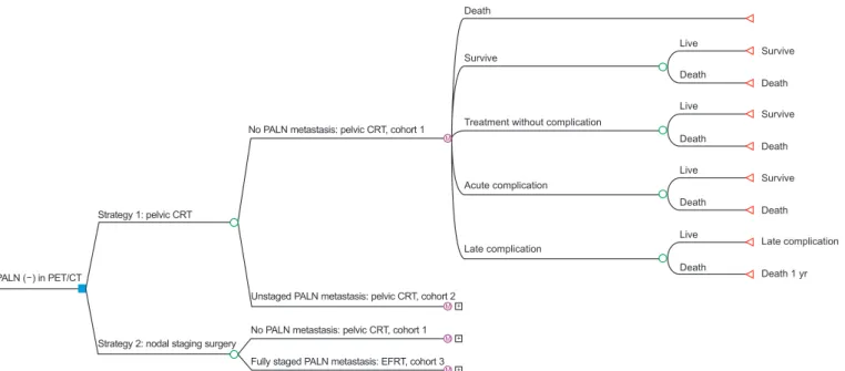 Fig. 1. Schematic model. CRT, chemoradiotherapy; EFRT, extended-field radiation therapy; PALN, para-aortic lymph node; PET/CT, positron  emission tomography/computed tomography.