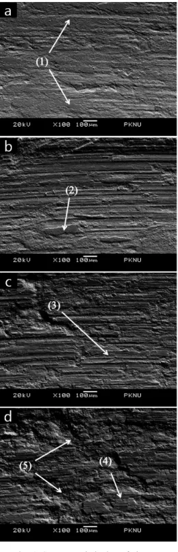 Fig. 2 SEM morphologies of the worn  surface of STS316 coating : applied load 15  N, sliding speed a) 15rpm, b) 30 rpm, c) 45  rpm and d) 60 rpm 모흔을 관찰한 결과를 Fig