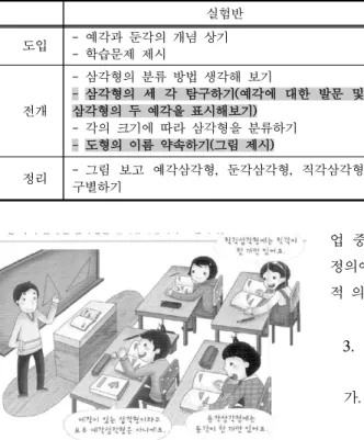 [그림 IV-6] 예각삼각형 및 둔각삼각형의 정의에  대한 반성적 사고를 의도한 삽화 (교육부, 2015) 즉 , 두 수업 모두 예각의 임의성 및, 둔각, 직 각의 존재성 인식을 위한 장치가 있다 
