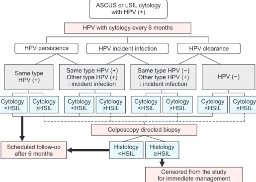 Fig.  1.  Schematic  flow  chart  for  the  screen ing and follow-up. Women will be  examined by repeat cytology and HPV  testing every 6 months