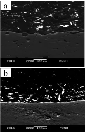 Fig. 6 Microstructures of cross section of wear track  post heat-treated at (a)800℃ and (b)1100℃ 