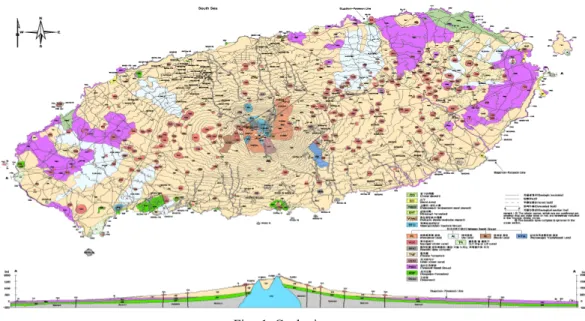 Fig. 1 Geologic map 파호이호이  용암은  넓은  지역에  걸쳐  평탄한   이루는  암석을  만들고,  아아용암은  거친  표면과  암석 부스러기로 구성된 두꺼운 클링커층을 갖고  있는 암석을 만든다