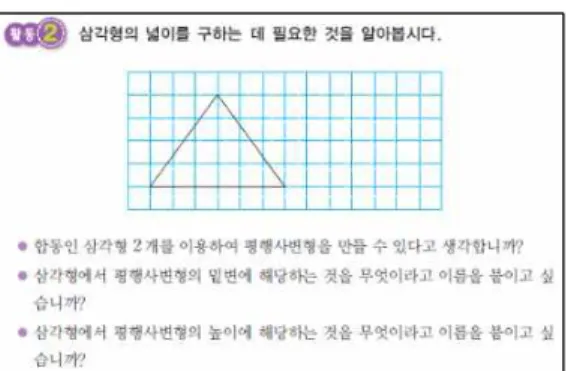 [그림 II-1] 교육과학기술부(2012), 수학 5-1, p.100 라 . 2009 개정 교육과정 지금까지는 모두 도형의  (등적, 배적, 반적) 변 형을  이용하여  삼각형과  사각형의  넓이  공식을  설명해 왔다 