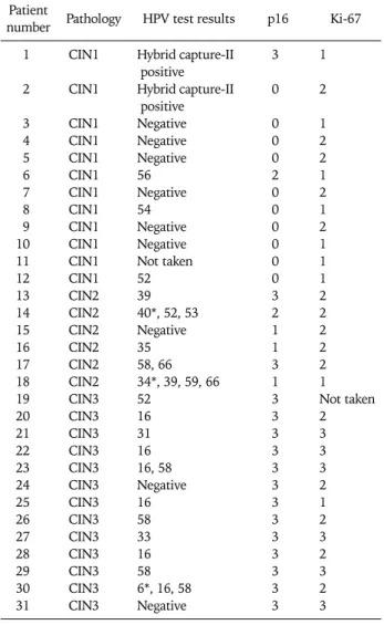 Table 1. The profile of pathology and HPV typing and expression of  p16 and Ki-67