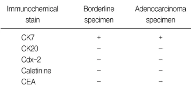 Table  1.  Immunochemical  stain  pattern  of  borderline  mucinous  specimen  and  adenocarcinoma  specimen