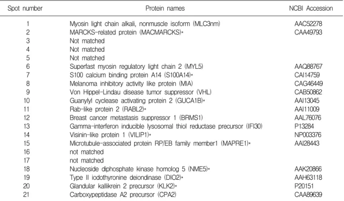 Fig.  1.  Comparison  of  2-D  PAGE  proteins  separated  from  epithelial  ovarian  cancer  tissues  and  normal  ovarian  tissues