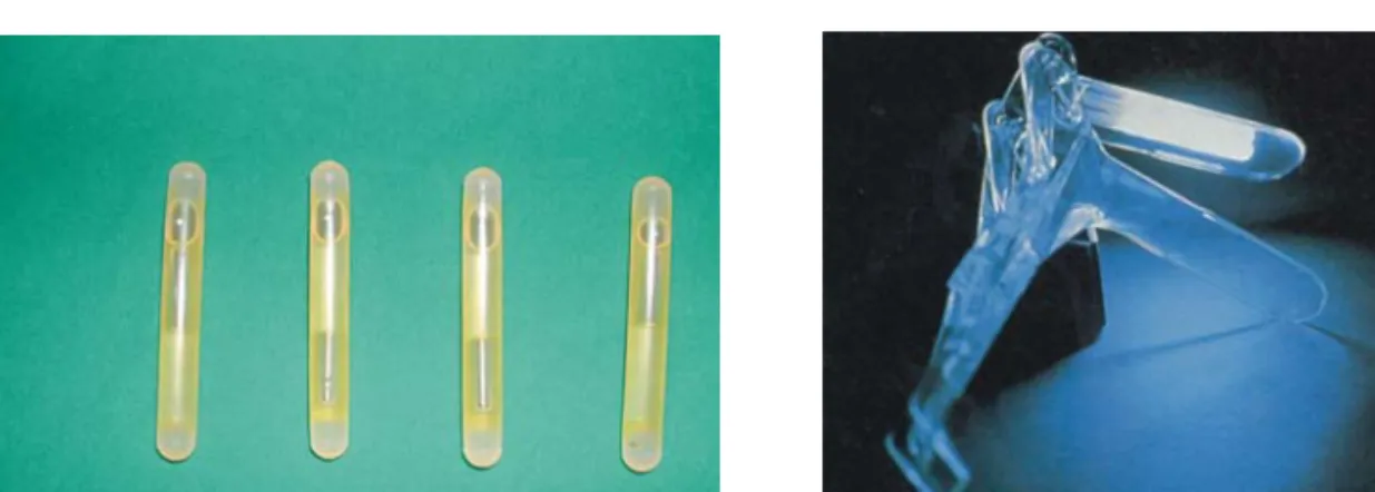 Fig.  1.  Speculite  (a  special  &#34;blue-white&#34;  chemiluminescent  disposable  light  source)  and  an  activated  chemiluminescent  speculite  attached  to  the  upper  blade  of  the  speculum