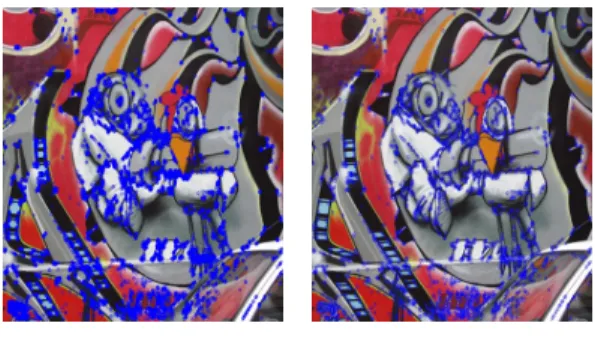 그림 4. FAST를  이용하여  특징점을  추출한  영상  그림  4(a)  NMS기법을  적용하지  않은  경우  그림  4(b)  NMS기법을  적용 한 경우