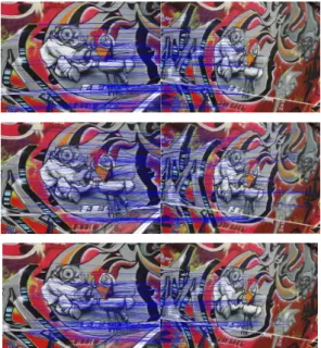 그림 9. ‘Graffiti  A’  영상의  정합  결과,  제안한  기법(상)과  SURF(중),  SIFT(하) 